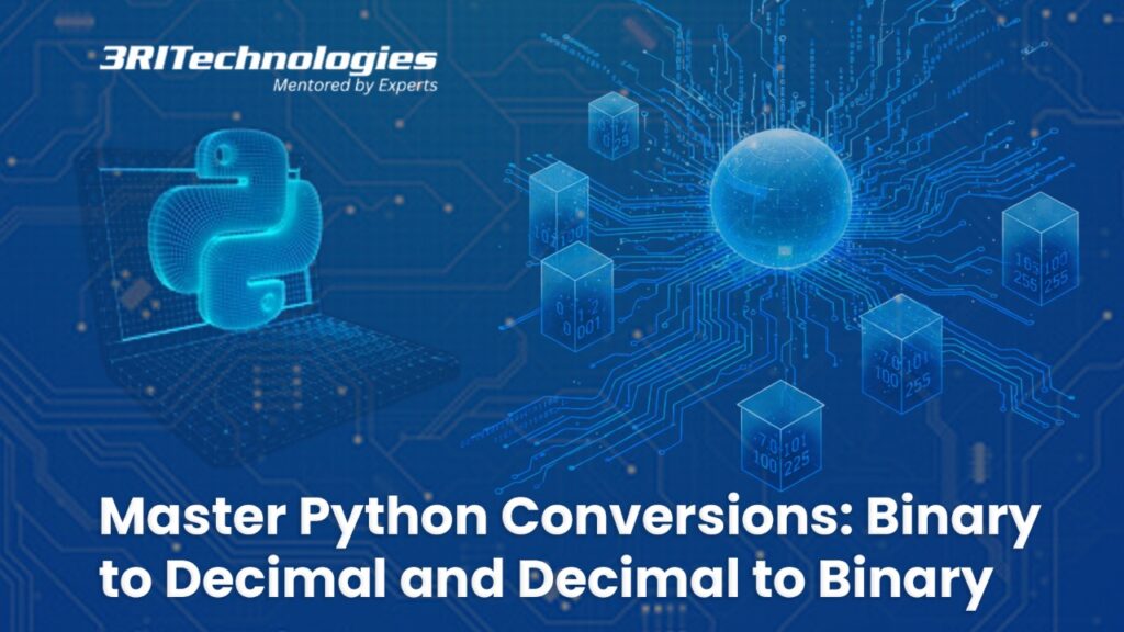 Illustration showing Python programming and binary conversions, representing Binary to Decimal and Decimal to Binary concepts.