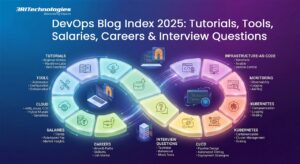 DevOps infographic showing the 2025 DevOps Blog Index with categories such as tutorials, tools, cloud, salaries, careers, interview questions, CI/CD, Kubernetes, monitoring, and infrastructure-as-code. Visual elements include icons for automation, pipelines, servers, coding, and cloud environments displayed in a circular layout.