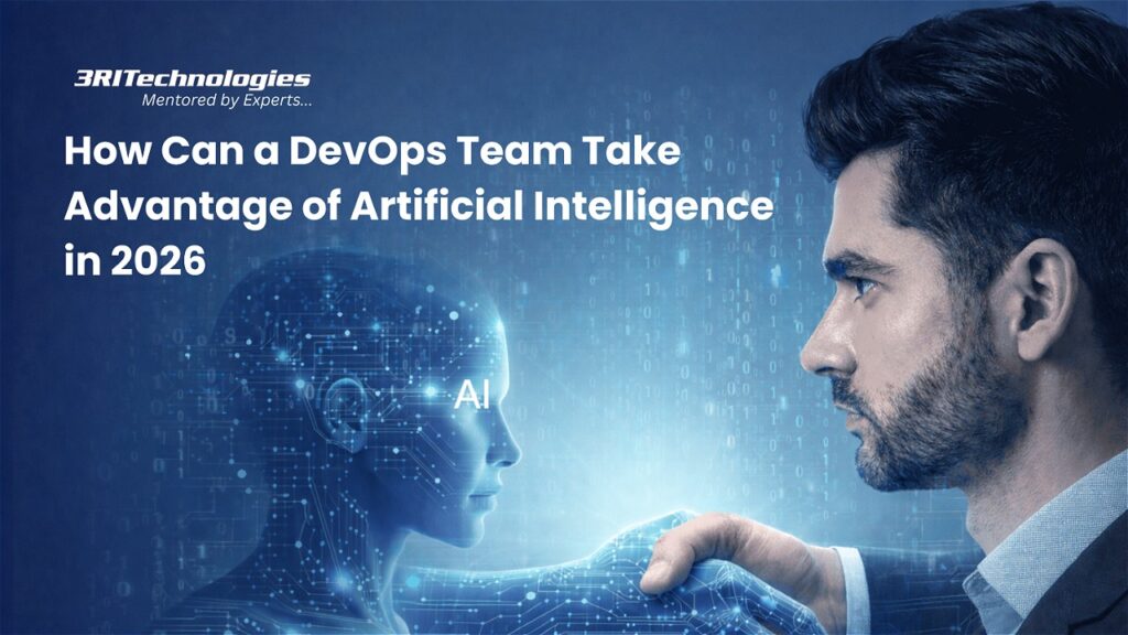 Profile of a man looking at a humanoid AI figure with digital circuits, representing AI in DevOps.