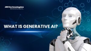 What is Generative AI concept banner by 3RI Technologies Pune with AI humanoid robot and digital technology background