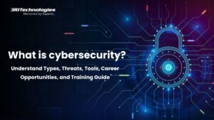 What is cybersecurity concept with digital lock illustration showing cyber threats, security tools, and cybersecurity training guide.