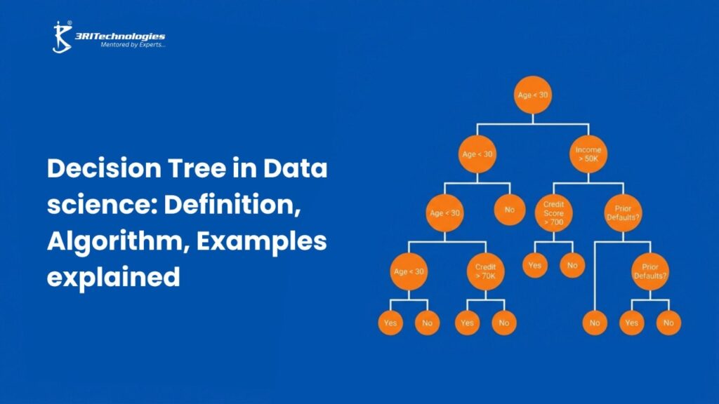 Decision Tree in Data Science diagram explaining machine learning decision nodes and branches with conditions like age, income, and credit score.