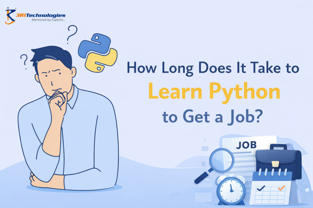 Illustration showing a person thinking about learning Python, with symbols of time, job search, and Python programming representing how long it takes to become job-ready.