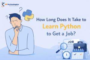 Illustration showing a person thinking about learning Python, with symbols of time, job search, and Python programming representing how long it takes to become job-ready.