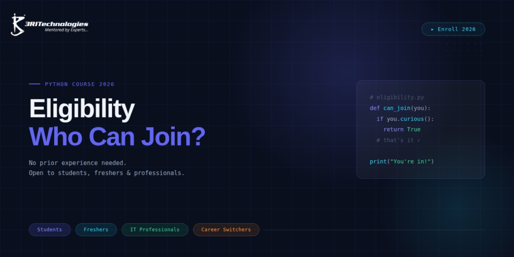 Dark-themed promotional banner for a Python course by 3RI Technologies with the heading 'Eligibility – Who Can Join? (2026)' on a tech-inspired background with code snippets.